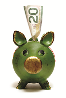 Petit cochon vert dans lequel se trouve un billet de 20 dollars