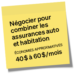 Post-it : Négocier pour combiner les assurances auto et habitation. Économies approximatives : 40$ à 60$ par mois