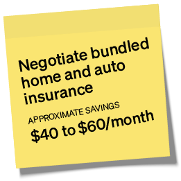 Negotiate bundled home and auto insurance: Approximate savings $40 to $60/month